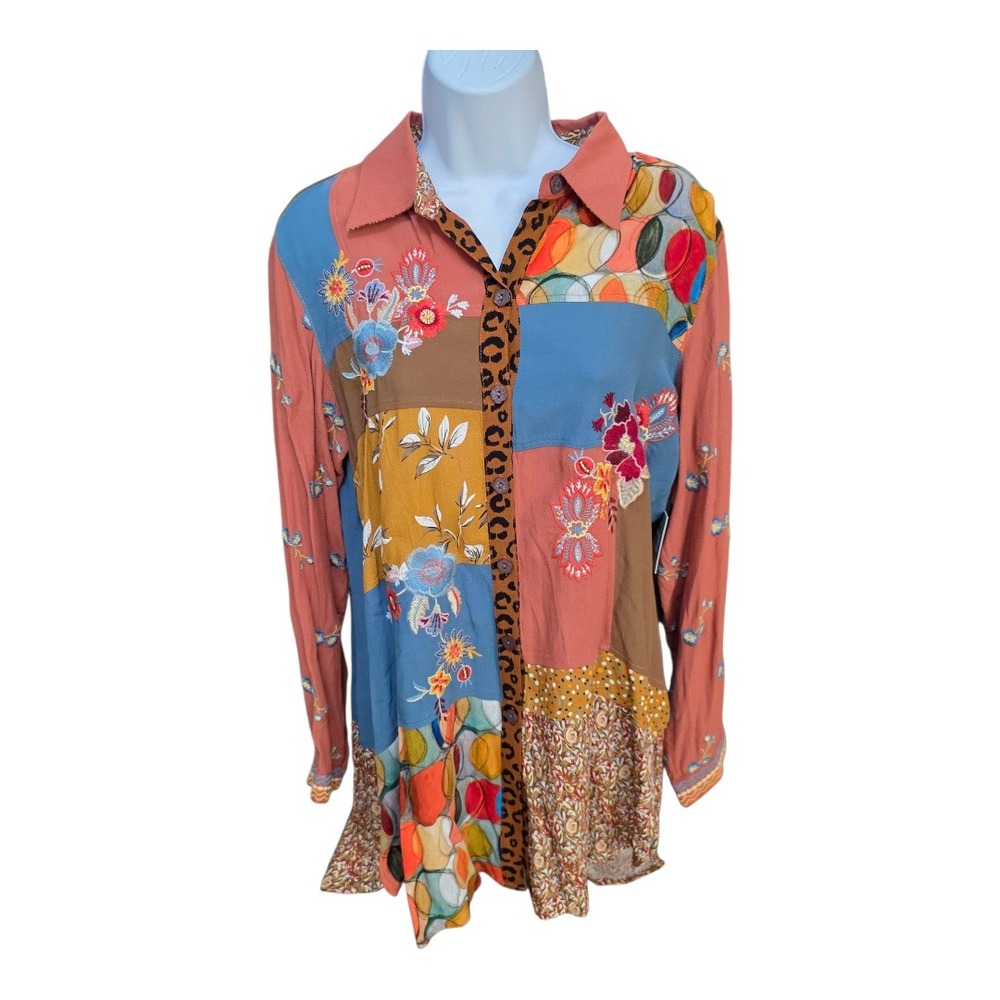 JOHN MARK‎ Patchwork Floral Embroidered Tunic Shirt Women's Sz Small NWT Cottage